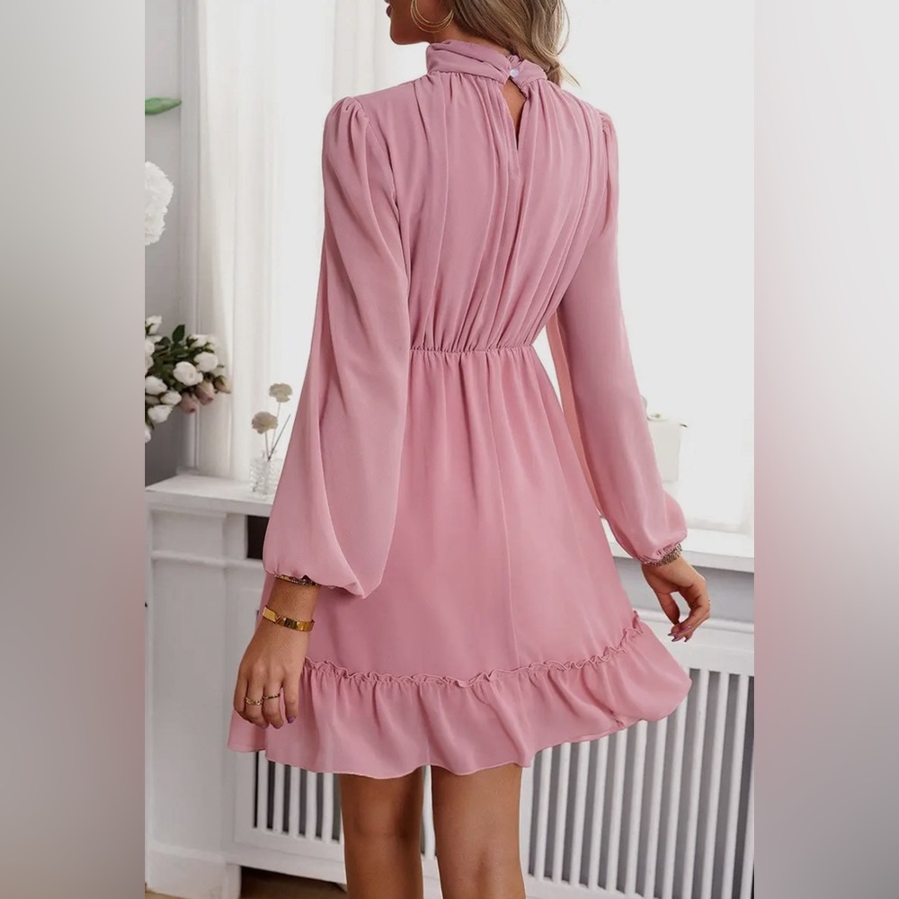 Women's Long Sleeve High Collar Chiffon Mini Dress - Picture 3 of 3